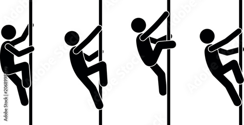 Obraz na plátně Stick Figure Man Climbing Rope or Pole Icon Vector Set Featuring Black Silhouett