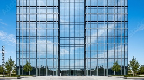 Symmetrical facade of a modern glass skyscraper reflecting a clear blue sky with green trees in front on a bright sunny day representing contemporary corporate architecture and professional 