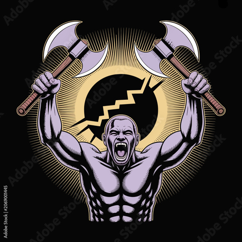 Muscular man holding double headed axes.
