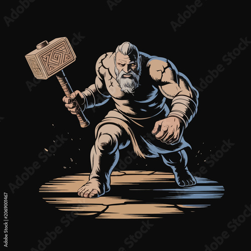 Muscular man holding large hammer.
