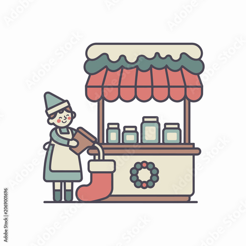 Santa Claus filling stocking with candy.