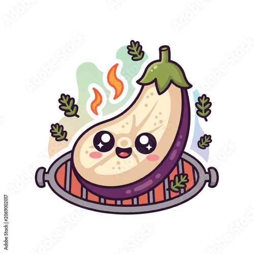 Smiling cartoon eggplant on grill.
