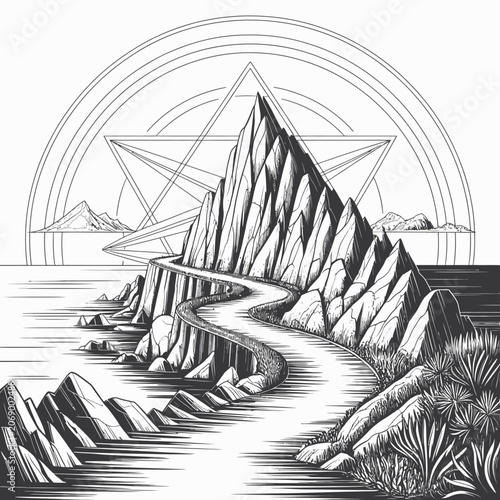 Winding coastal road leading to a majestic mountain peak.
