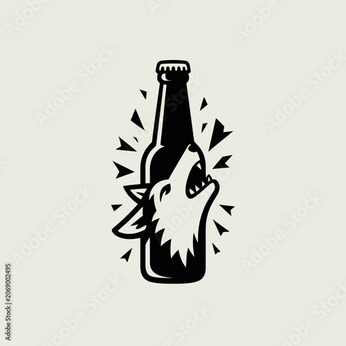 Wolf head emerging from beer bottle.