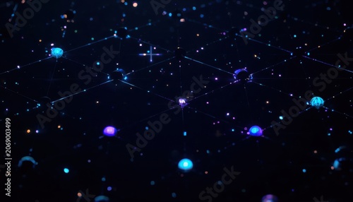 Abstract digital starfield background with glowing blue and purple light orbs floating in dark space starfield particles abstract universe background astronomy floating ethereal sparkles