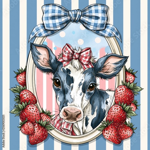 Cute cow wearing bows with strawberries and a striped background in a colorful design