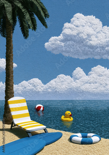 Relaxation by the beach with a chair, toys, and clear water on a sunny day
