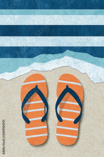 Summer shoes on the beach with waves and stripes in the background