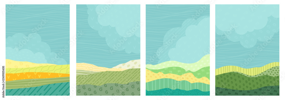 Fototapeta premium Field collage background posters with abstract farm patterns of green rice terraces, tea vineyard textures and blue sky. Agricultural landscape brochure with wheat hills and rural corn plantations.