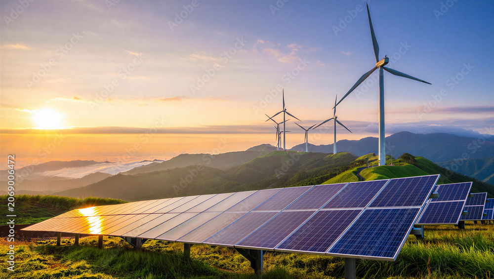 Fototapeta premium Solar panels and wind turbines on a misty mountain landscape at sunrise with solar panel, technology