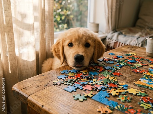 Golden retriever puppy sitting on patterned rug indoors.