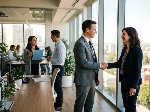 Business professionals shaking hands in modern office.