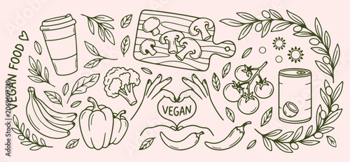 Schilderij op canvas vegan healthy food pattern, nutritious plant diet illustration, fresh vegetable