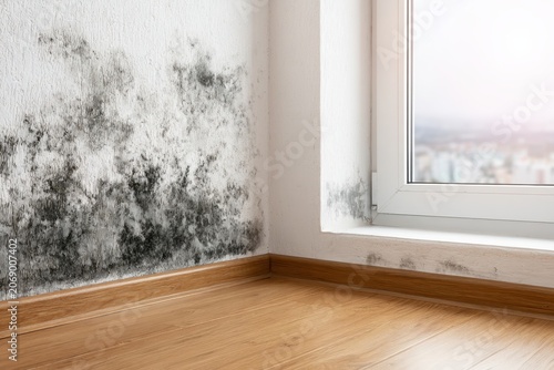 Black mould and fungus on wall near window. The problem of ventilation, dampness, cold in the apartment. Mold spots in the corner of white walls. Spores thrive on moisture quickly grow into colonies