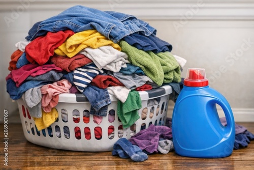 A laundry basket filled with clothes and a bottle of detergent, perfect for everyday use or as a prop in lifestyle photography