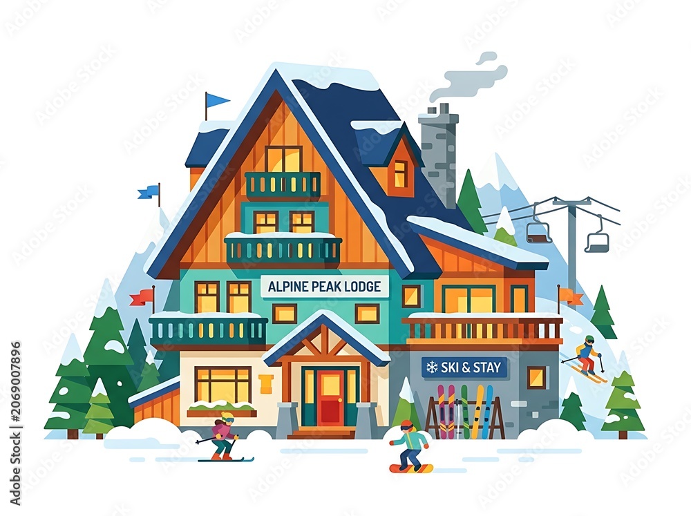 Naklejka premium Winter mountain lodge with skiers and snowboarders outdoor activity