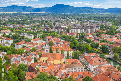 Aerial view over historic city center and surrounding mountains of Ljubljana, Slovenia