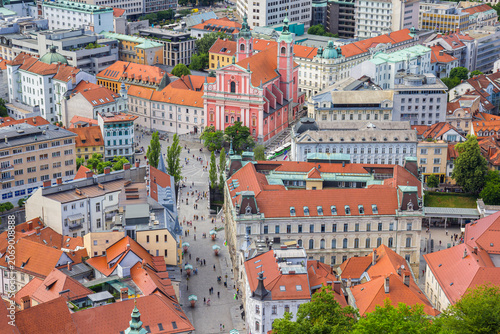 Aerial view over the Franciscan church and surrounding streets in old Ljubljana, Slovenia