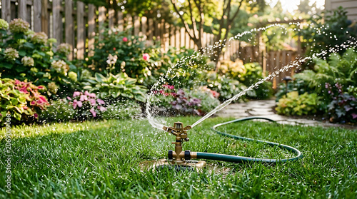Lawn irrigation system watering green grass garden with sprinklers