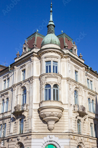 Elegant neo-renaissance corner turret decorates a historical building in Ljubljana, Slovenia