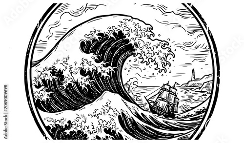 Tableau sur toile Hand Drawn Ocean Wave Vintage Engraving Circular Badge Vector Illustration