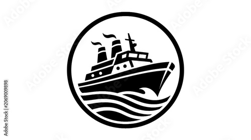 Black and white ship icon graphic.