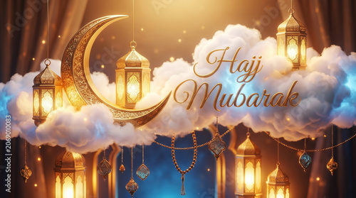 Elegant Hajj celebration design featuring golden crescent moon and illuminated lanterns surrounded by soft clouds, creating a bright spiritual atmosphere.
