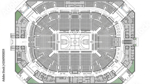 Basketball Arena Floor Plan with Tiered Stand Seating and VIP Suites CAD Vector Technical Drawing