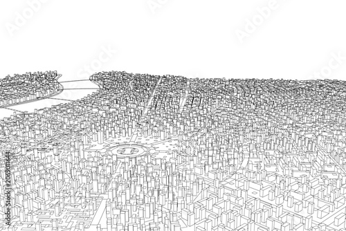 Billede på lærred Black and white contour drawing of city skyline with towering skyscrapers and clustered buildings