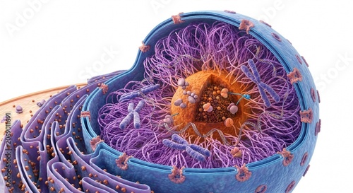 Detailed Human Cell Nucleus Cross Section with Nuclear Envelope, Chromatin, Nucleolus and Nuclear Pores Scientific Biology Illustration