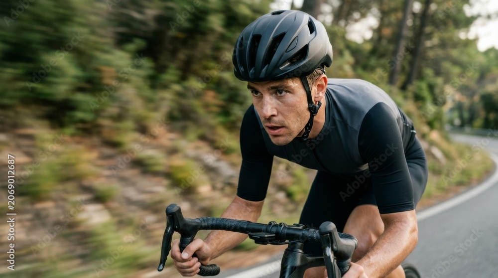 Fototapeta premium Young man in a full-face helmet and protective gear rides a mountain bike on an outdoor track during a sunny day