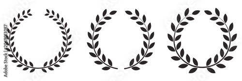 Laurel wreath logo set, black leaf circle template design, winner chaplet emblem, vintage olive branch symbol, vector illustration.