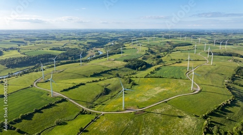 Aerial view of wind turbines in a lush green countryside landscape.