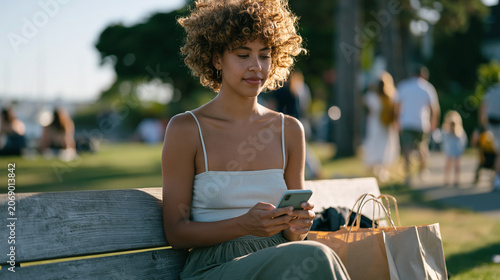 Millennial woman at outdoor park bench under harsh midday sun reviews buy now pay later installment plan on phone app, school supply shopping bags at feet, end of summer families