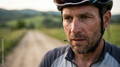 Male cyclist in performance gear riding mountain bike on a dirt road through a green landscape