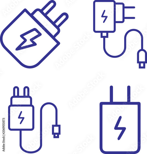 Device Connectivity Icons, Power Adapter and Cable Connector Symbols, Plug Adapter Icon Set, Universal Power Connectors and Cables Vector, Electronic Adapter Icons, Charger Plugs