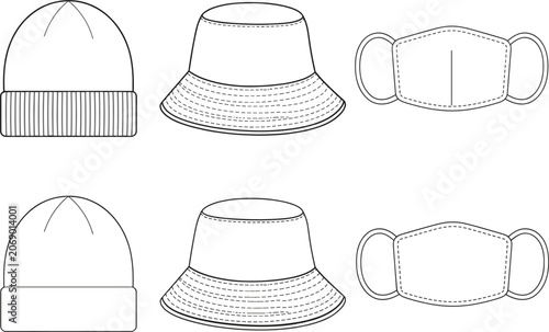 Winter Accessories Technical Fashion Template Set, Beanie Bucket Hat and Face Mask Outline