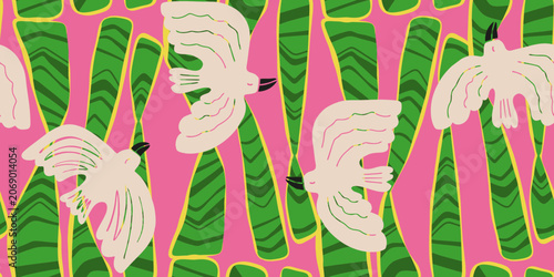Flying Birds and Tropical Leaves Seamless Pattern