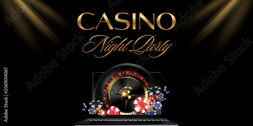 Luxury online casino banner with gold typography Casino Night Party featuring golden roulette wheel and poker chips flying out of laptop on black background with copy space