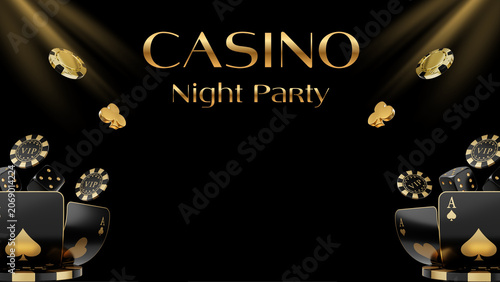 Luxurious black and gold casino background with playing cards, VIP chips, dice, spotlights and Casino Night Party text, with copyspace. Premium template for online casino, web banner and invitation