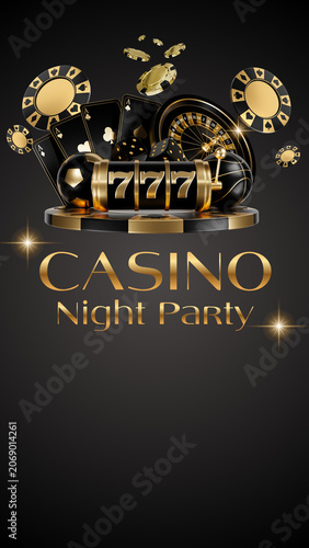 Vertical luxury background template for Casino Night Party with 777 slot machine, roulette, poker cards, chips, dice in black and gold style with copy space