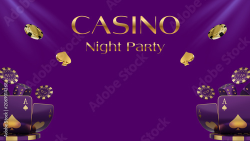 Luxury casino background template with gold text Casino Night Party and VIP chips aces and dice on purple violet background with spotlights and copy space