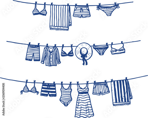 Laundry Clothes Hanging on Clothesline Vector Illustration, Household Garments Drying Collection Design