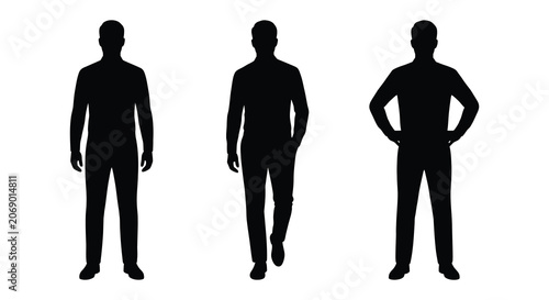 Foto Three male figure silhouettes in various poses against a white background silhou
