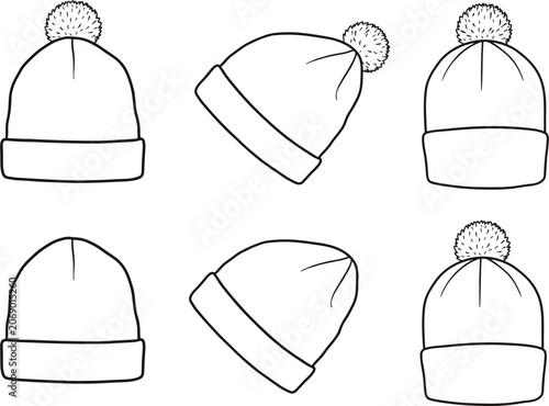 Winter Beanie Hat Collection Vector Set, Front Side and Back Views Illustration