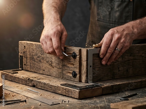 Craftsman working with wood and hand tools in workshop.