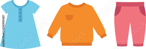 Kids Clothing Collection Vector Set, Dress Sweatshirt and Pants Flat Apparel Illustration