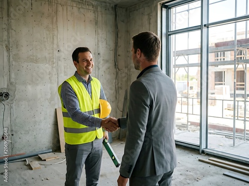 Construction site handshake between business partners.