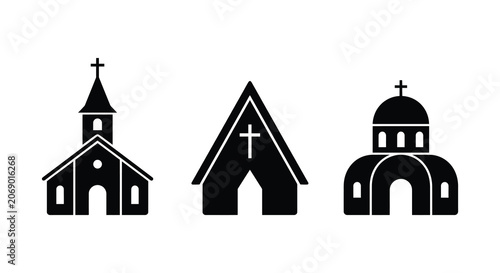 Fotografie Three church silhouettes featuring varying architectural styles against a white