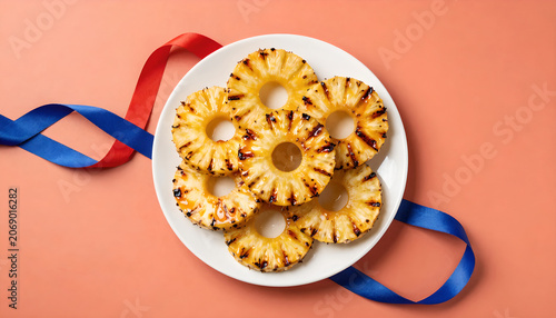 Grilled Pineapple Rings on Plate with Red and Blue Ribbons: Festive BBQ Treat